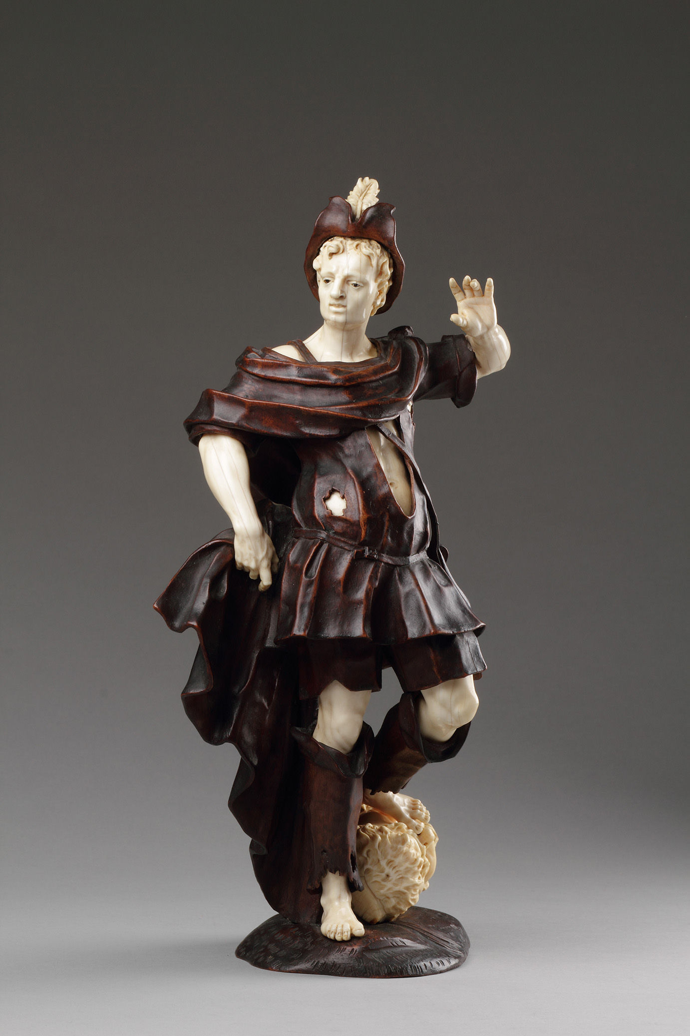 Rare South German Baroque Large Carved Walnut and Ivory Figure of David with the Head of Goliath